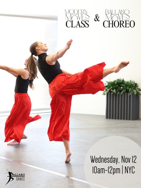 Two dancers wearing red and black spring into the air with their arms reaching toward the diagonal. 