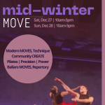 Two dancers wearing red and black spring into the air with their arms reaching toward the diagonal surrounded by purples.