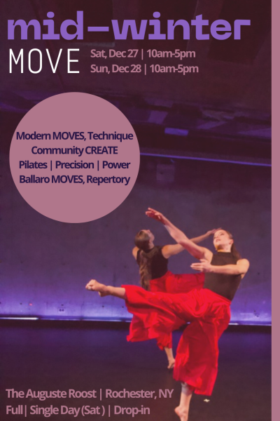 Two dancers wearing red and black spring into the air with their arms reaching toward the diagonal surrounded by purples.