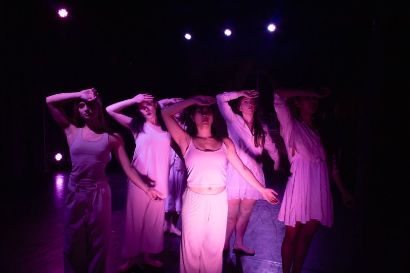 Group of dancers with arm raised to their head.