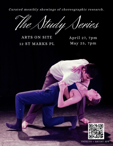 Dancer holding another dancer in a backbend with text announcing The Study Series, May 25th at 7:00 pm at Arts on Site.