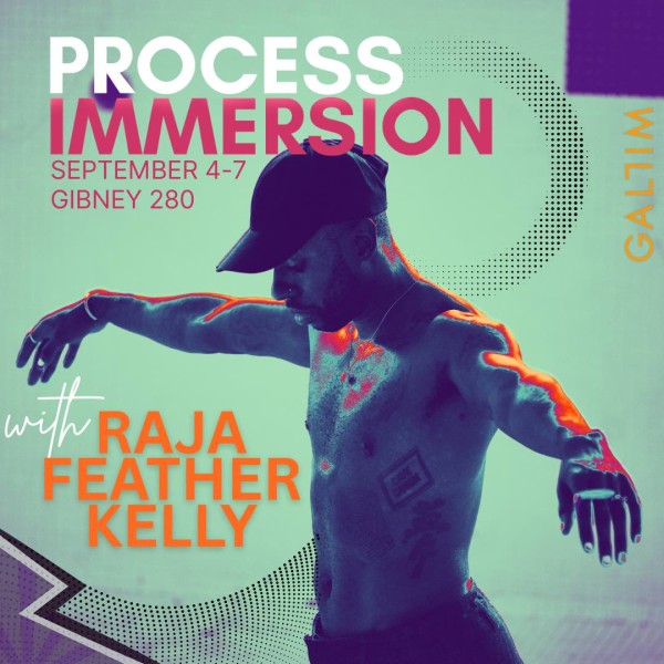 A green and blue hue image with a male figure standing in the middle with arms spread open