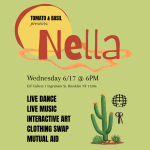 a light green desert poster with a sun and green cactus. Live Dance, Live Music, Interactive Art, Clothing Swap, Mutual Aid.