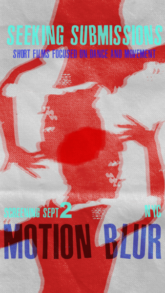 A digital rendering of a red dancer in motion appears in the background. Overlaid text reads: “Screening Sep 2nd - Motion Blur" 