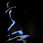 two dancers in blue unitards making S curves with bodies