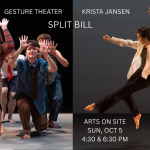 Dancers press their hands upward on the left, while a dancer on the right jumps over their own foot. 