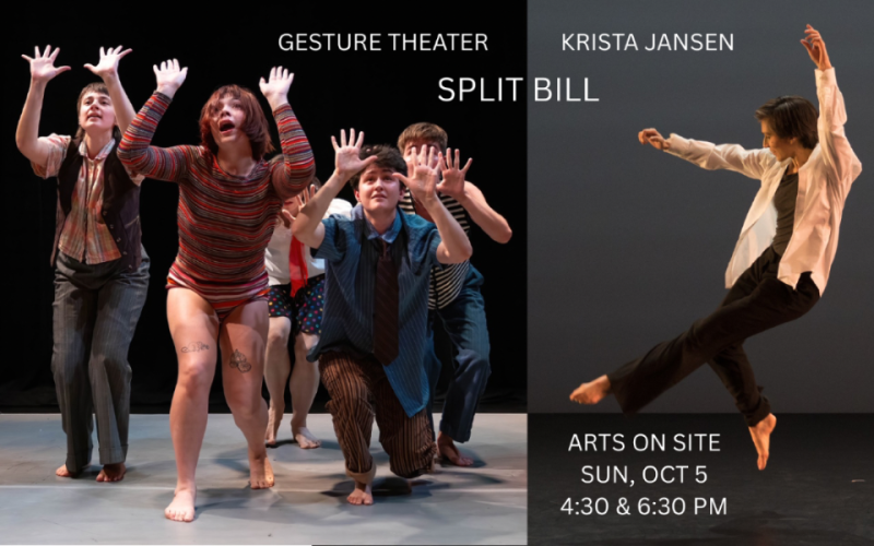 Dancers press their hands upward on the left, while a dancer on the right jumps over their own foot. 