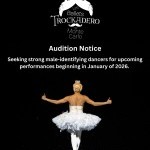 Dancer in a white tutu gives a thumbs up with text and Trocks logo above