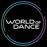 Black square with neon circle around the words World of Dance