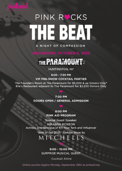 Here is an alternative text description of the image:  ---  The image is an event invitation for "Pink Rocks The Beat: A Night o