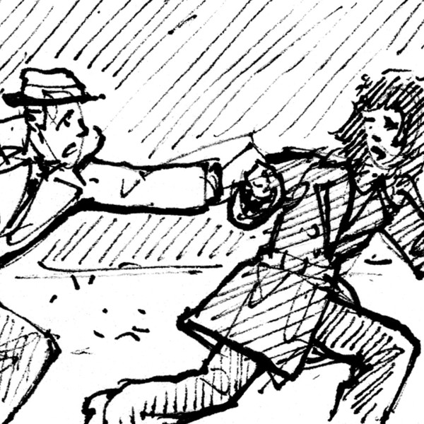 Drawing of a man and a woman in trench coats holding hands and running.