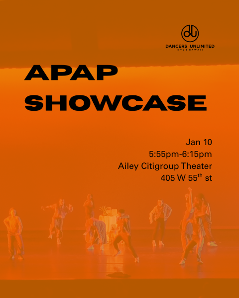 An orange flyer that with dancers in colorful clothing. text reads "APAP SHOWCASE" with details about event time and location