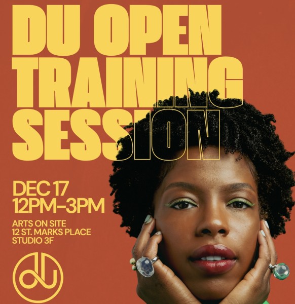 A red flyer reading &ldquo;DU OPEN TRAINING SESSION&rdquo; along with a photo of the facilitator Nutella, and date time & location of class