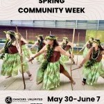 Hula dancers wearing green and brown holding large instruments. Text reads spring community week may 30-June 7