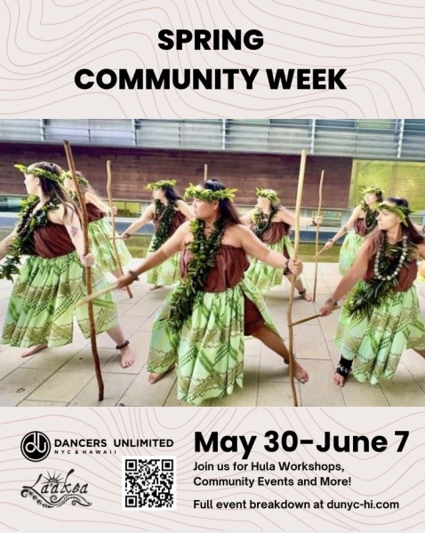 Hula dancers wearing green and brown holding large instruments. Text reads spring community week may 30-June 7