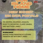 A vibrant flyer with a transparent image of a house on governors island. Bright orange text reads &ldquo;our island home&rdquo;