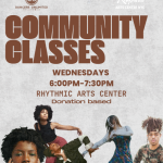 a poster showing multiple dancers with info about weekly community classes 