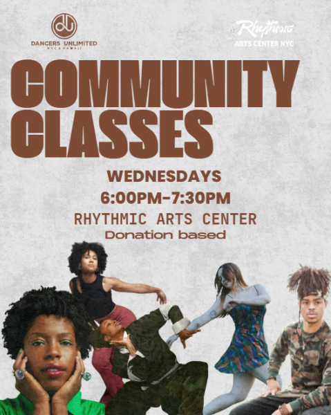 a poster showing multiple dancers with info about weekly community classes 