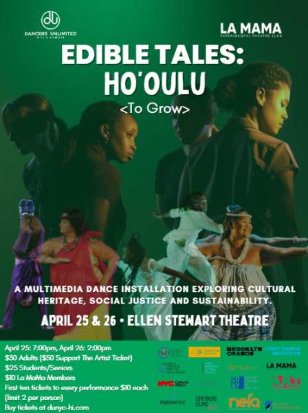 a flyer with dancers of all styles with information about edible tales: ho'oulu performing at La mama moves festival 