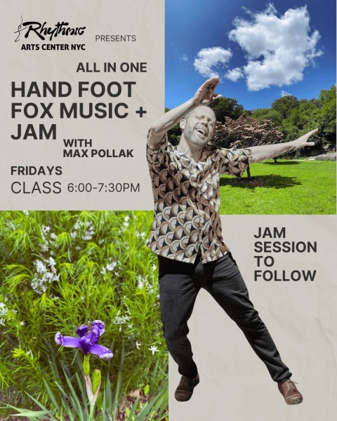 Image of a happily dancing Max Pollack on a background with images of a flower and tree, class info