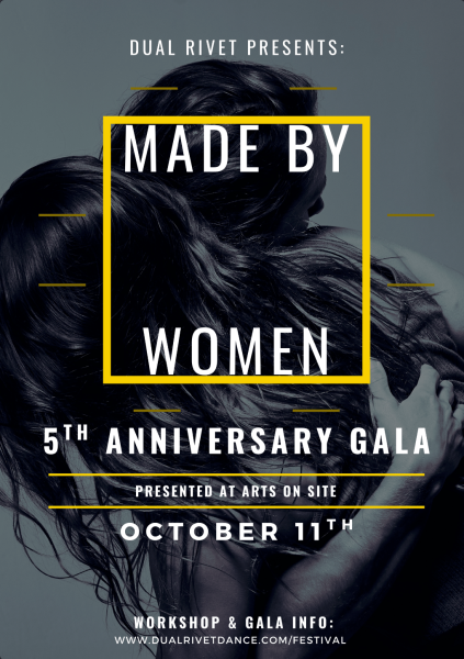 The photo is a a cropped shot of two female dancers embracing, with the faces positioned away from the camera.