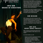 Poster inviting applicants to join the MDP Board of Directors, featuring a dancer posed on a dark green background.