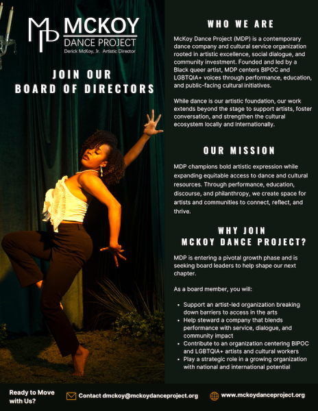 Poster inviting applicants to join the MDP Board of Directors, featuring a dancer posed on a dark green background.