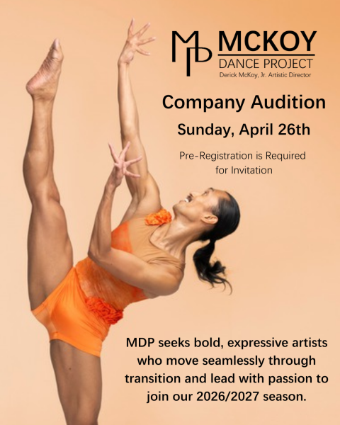 Poster for McKoy Dance Project company auditions on Sunday, April 26, seeking bold contemporary dancers for the 2026/2027 season