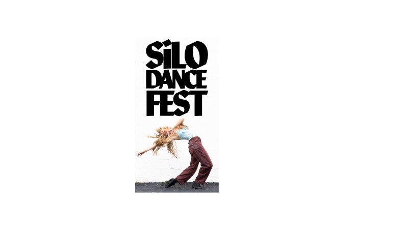 A white, blonde, long haired dancer is doing a backbend. Above is bold, black text that says "SILO Dance Fest" 