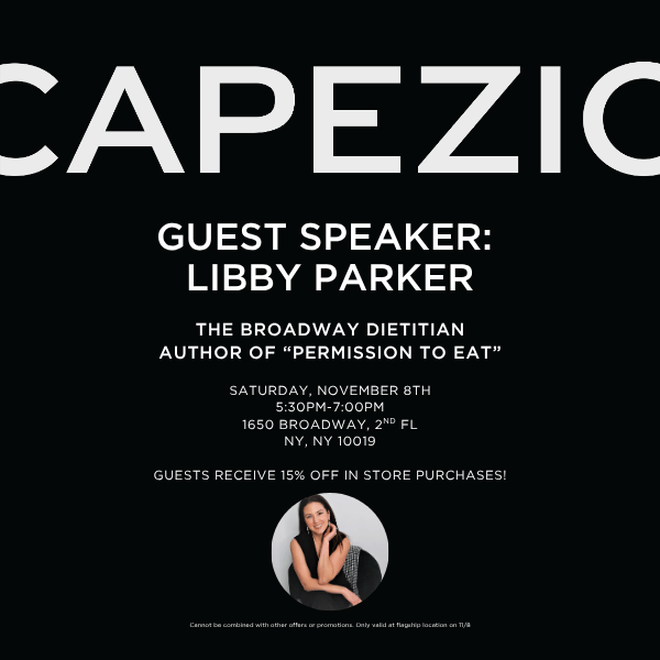 Flyer with event details and the Capezio logo. Beneath the details, a headshot of Libby Parker smiling.