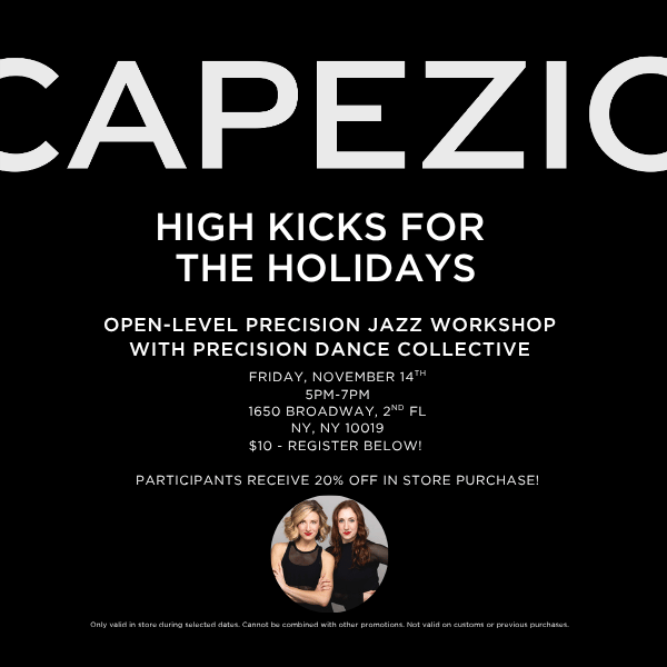 High Kicks for the Holidays Poster featuring event details and a photo of two instructors, smiling next to each other