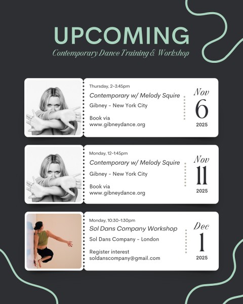 black poster with mint-green accents titled “Upcoming: Contemporary Dance Training & Workshop.” It lists three events in ticket