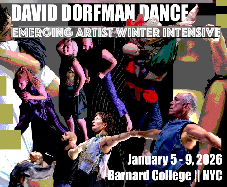 Winter INtensive poster featuring collaged dancers and blocky text that advertises the winter intensive 