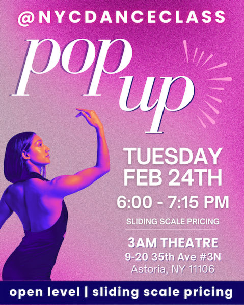 A poster image of a woman dancing on a pink background. The Text reads Pop Up, Tuesday Feb 24th 6:00pm-7:15pm
