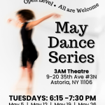 Poster with information about the event that features an out of focus dancer in a black dress.
