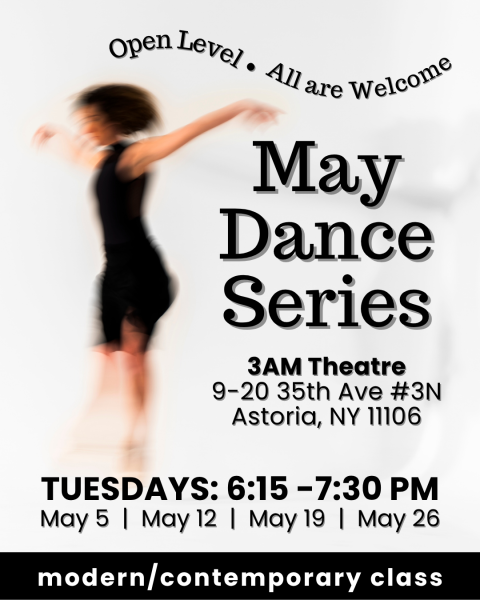 Poster with information about the event that features an out of focus dancer in a black dress.