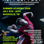 A dancer moves with their arms in an angular position while wearing a read shirt. Overlaid is text in white and neon green