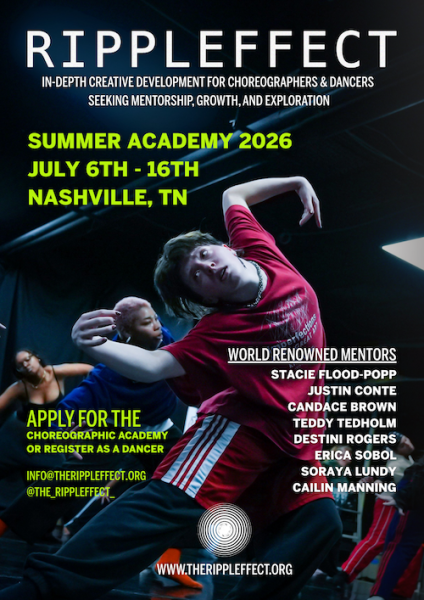 A dancer moves with their arms in an angular position while wearing a read shirt. Overlaid is text in white and neon green