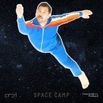 A person in a retro blue tracksuit floats weightlessly through a star-filled space scene.