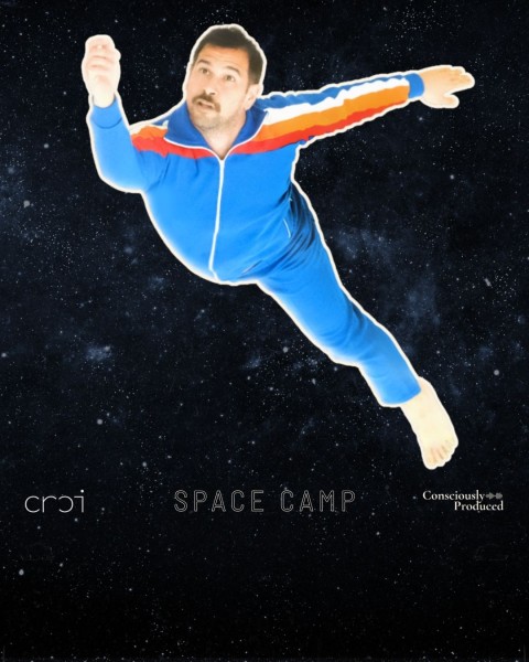 A person in a retro blue tracksuit floats weightlessly through a star-filled space scene.