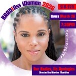 Image of a woman with text around her. Colors on image are primarily purple. 