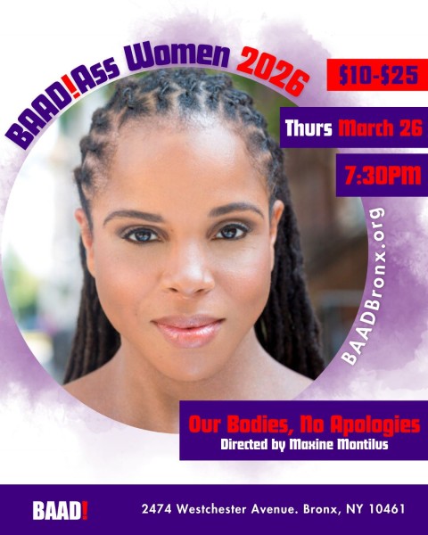 Image of a woman with text around her. Colors on image are primarily purple. 