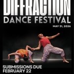 Promotional poster for Diffraction Dance Festival featuring two dancers in mid-movement against a dark background. Bold white te