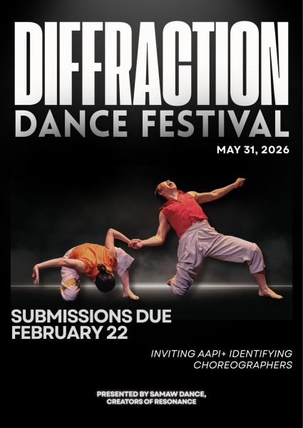 Promotional poster for Diffraction Dance Festival featuring two dancers in mid-movement against a dark background. Bold white te