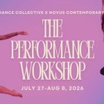 two dancers jumping on either side of text