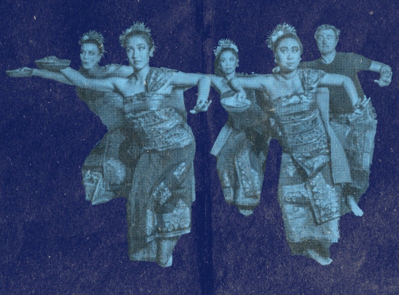 5 dancers in traditional Balinese dance costume. They are holding a right "agem" position as part of a welcoming dance.