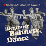 Poster: 5 dancers in traditional Balinese dance costume. They are holding a right "agem" position as part of a welcoming dance.