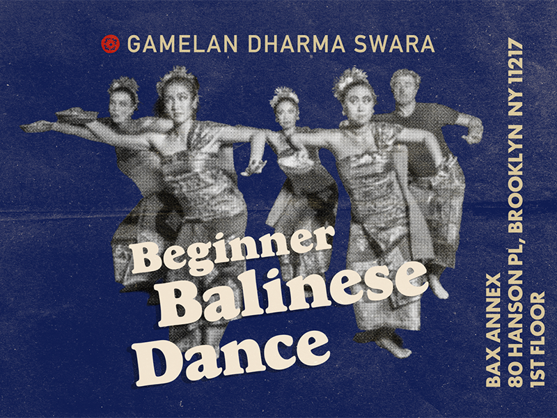 Poster: 5 dancers in traditional Balinese dance costume. They are holding a right "agem" position as part of a welcoming dance.