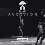 Black and white photo of a dancer reaching up while smiling, with the application deadline and audition date & time overlaid