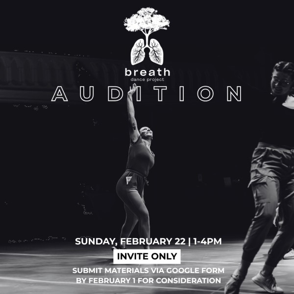 Black and white photo of a dancer reaching up while smiling, with the application deadline and audition date & time overlaid